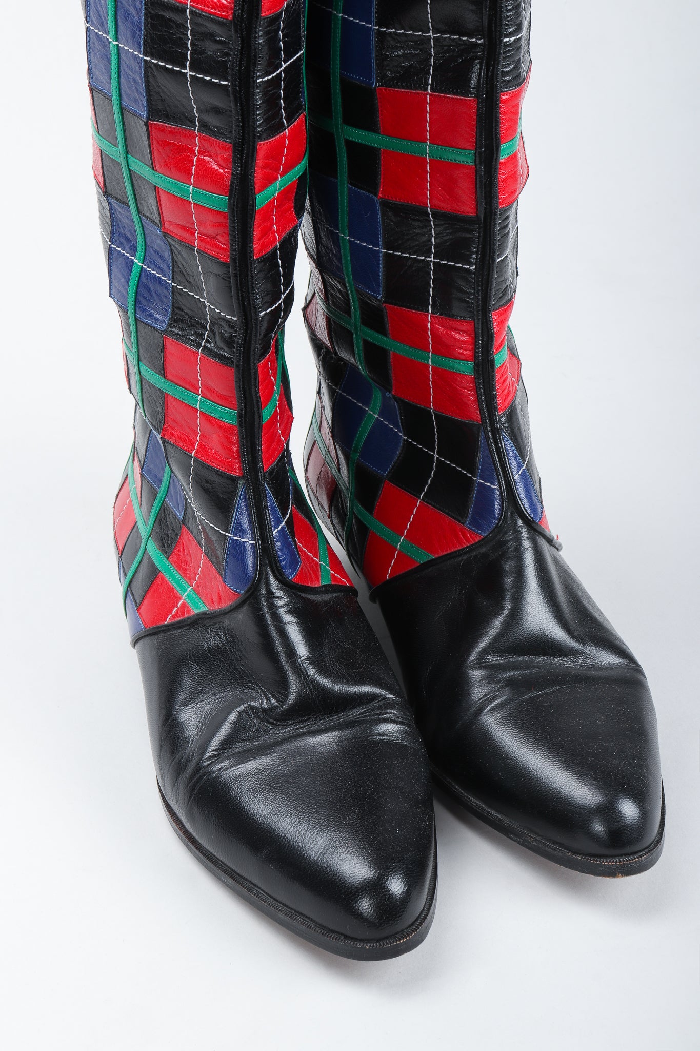 Recess Vintage Andrea Pfister Leather Applique Plaid Boots front toes