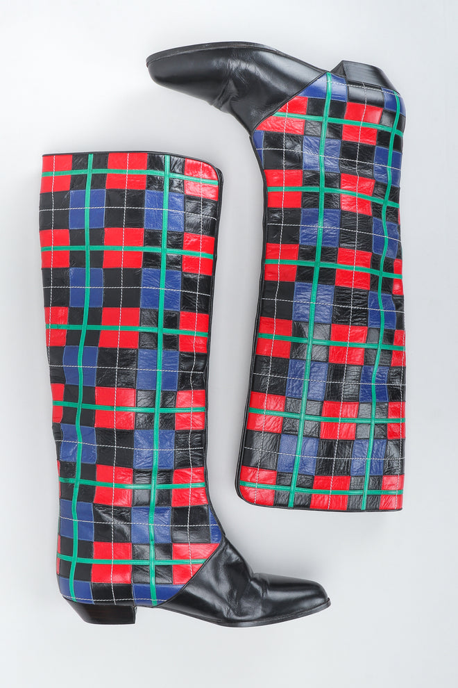 Recess Vintage Andrea Pfister Leather Applique Plaid Spat Boots on white background