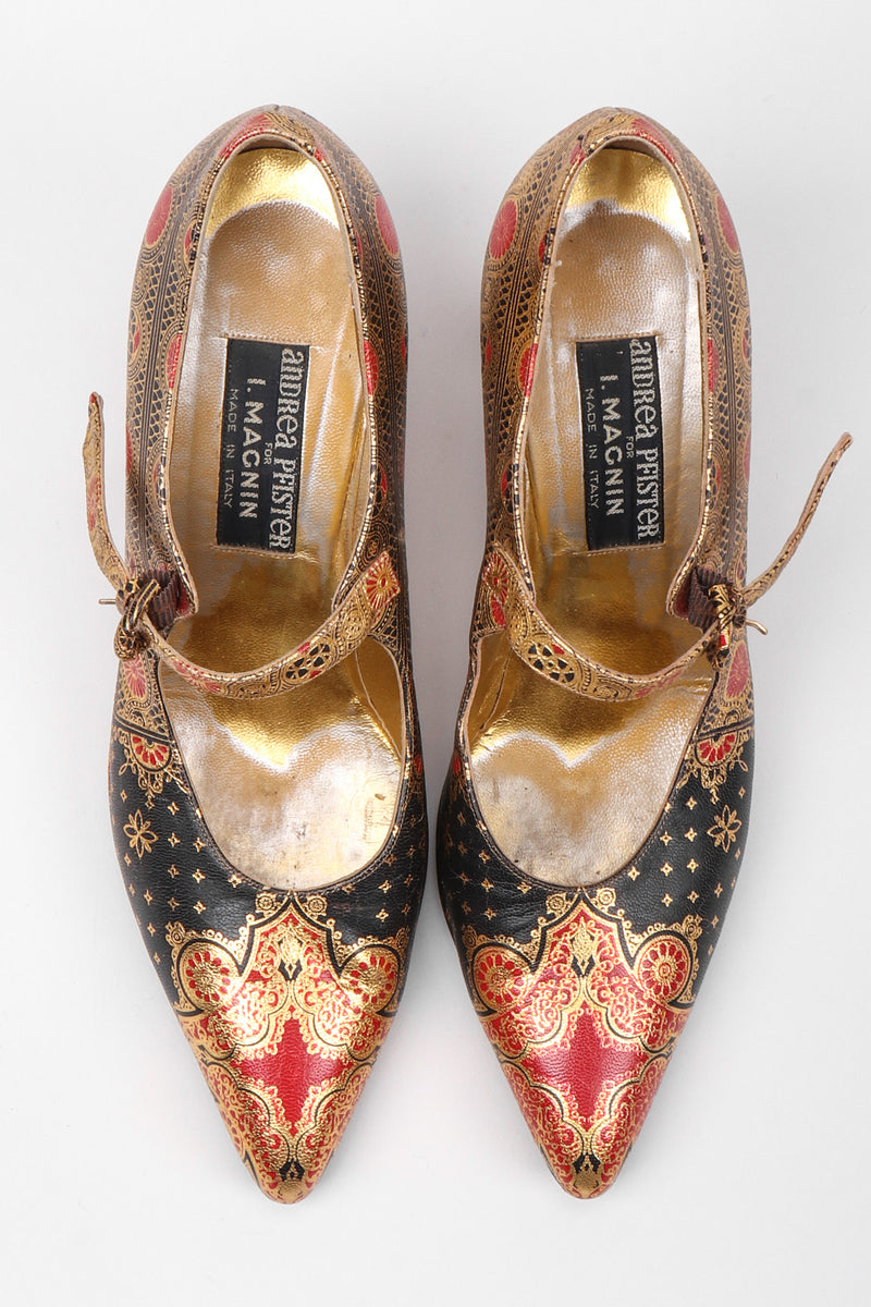 Recess Los Angeles Vintage Andrea Pfister Metallic Gold Embossed Moroccan Maryjane Heels
