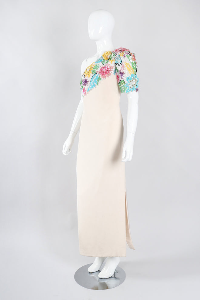 Recess Los Angeles Vintage Ann Lawrence Floral Sequin One-Shoulder Wedding Rehearsal Bridal Dress