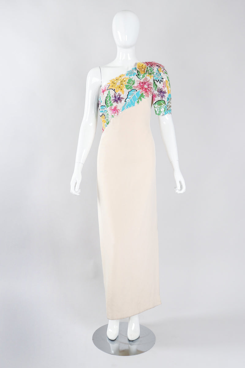 Recess Los Angeles Vintage Ann Lawrence Floral Sequin One-Shoulder Wedding Rehearsal Bridal Dress