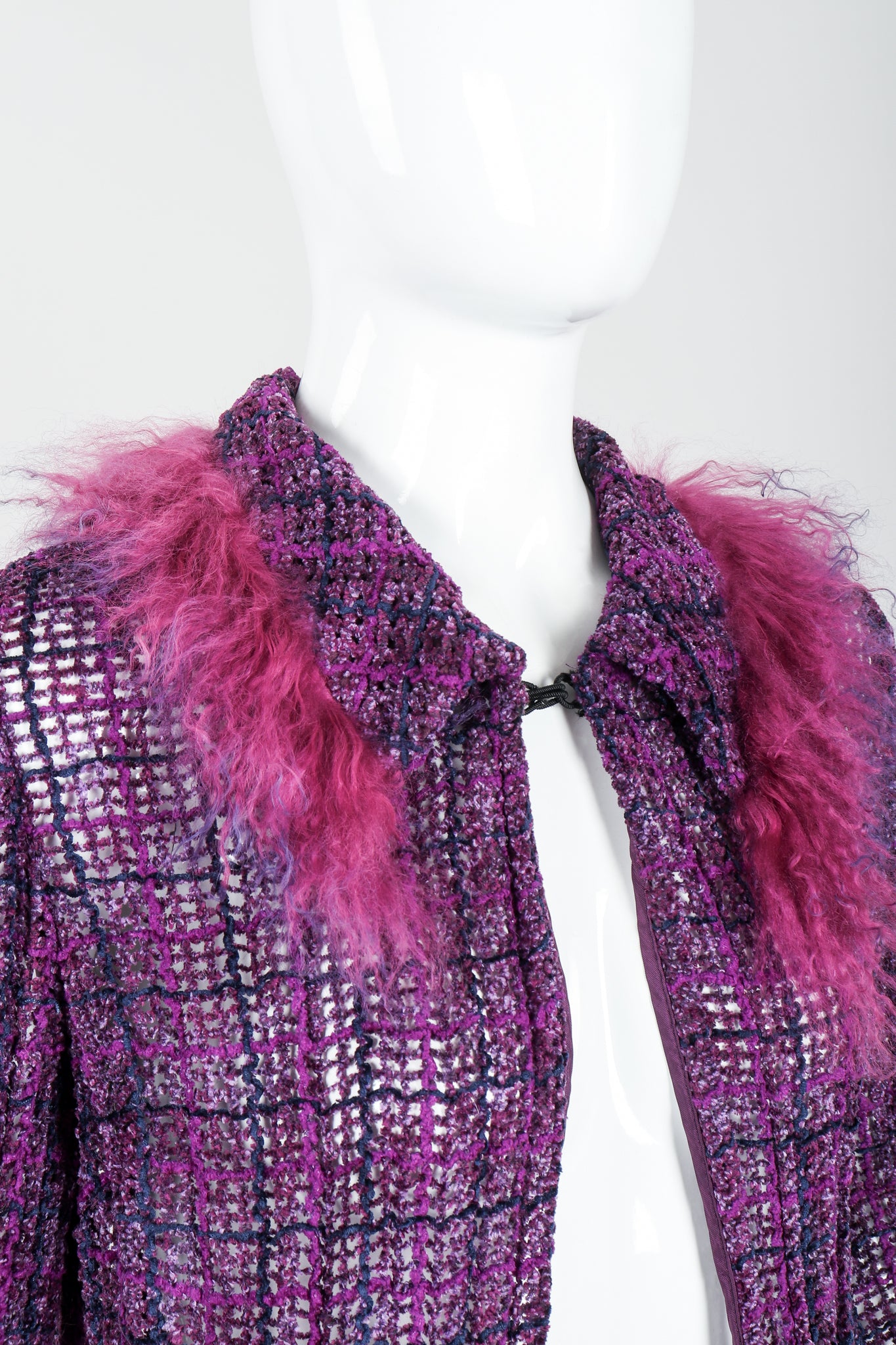 Vintage Anna Sui Mongolian Chenille Sweater Duster on Mannequin neckline at Recess Los Angeles