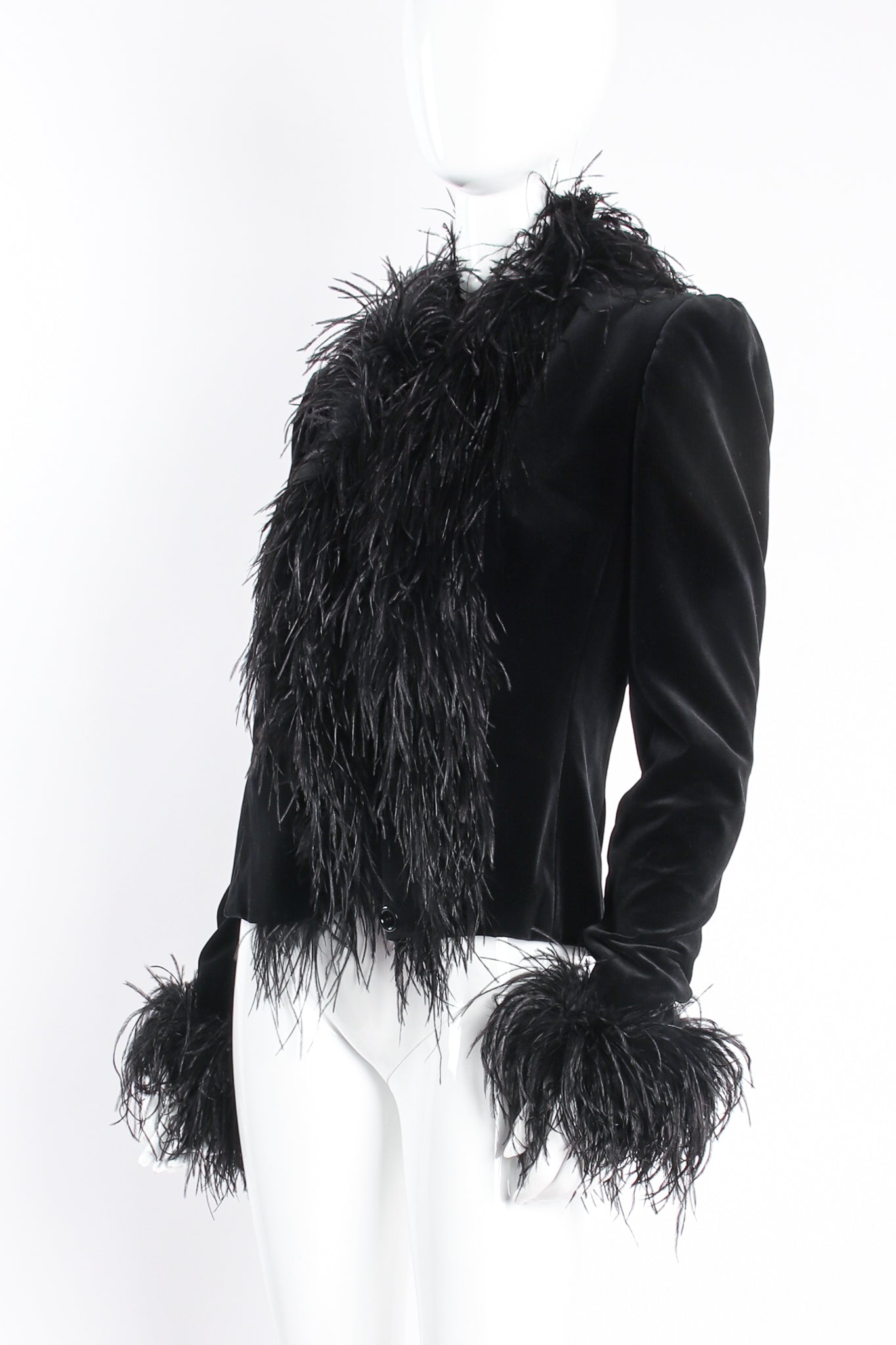 Vintage Anna Di Rossi Velvet Ostrich Feather Trim Jacket on mannequin crop at Recess Los Angeles