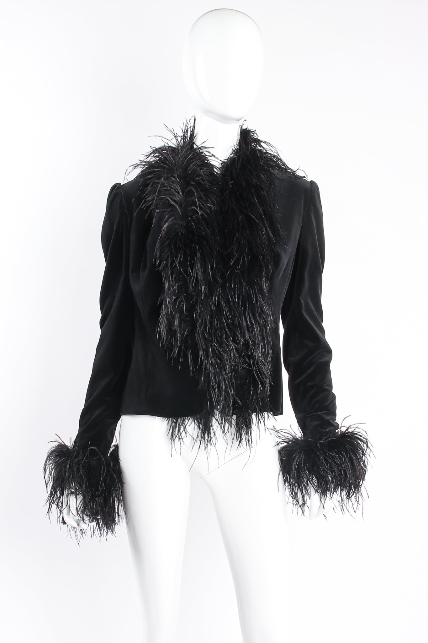 Vintage Anna Di Rossi Velvet Ostrich Feather Trim Jacket on mannequin front at Recess Los Angeles
