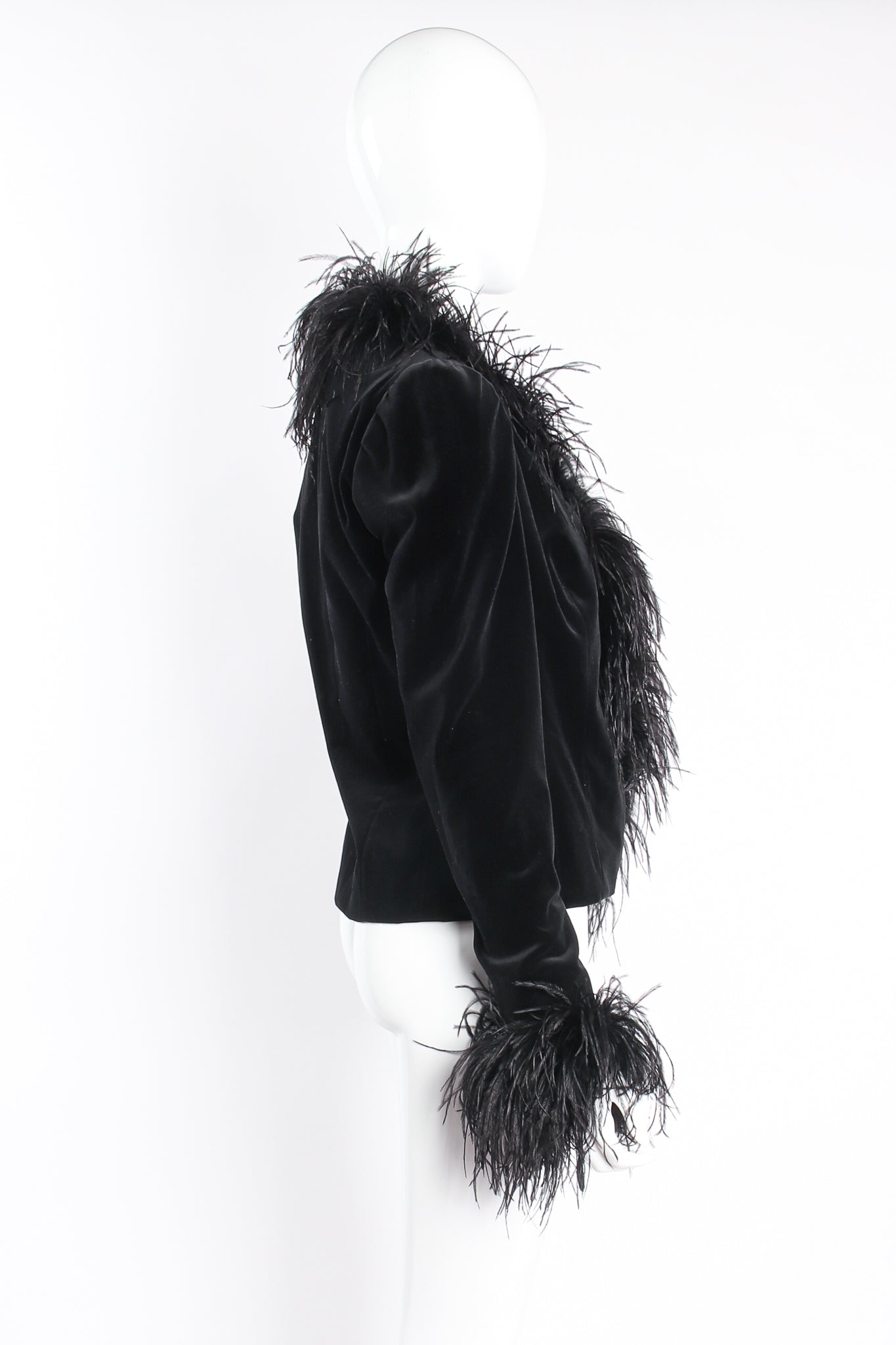 Vintage Anna Di Rossi Velvet Ostrich Feather Trim Jacket on mannequin side at Recess Los Angeles