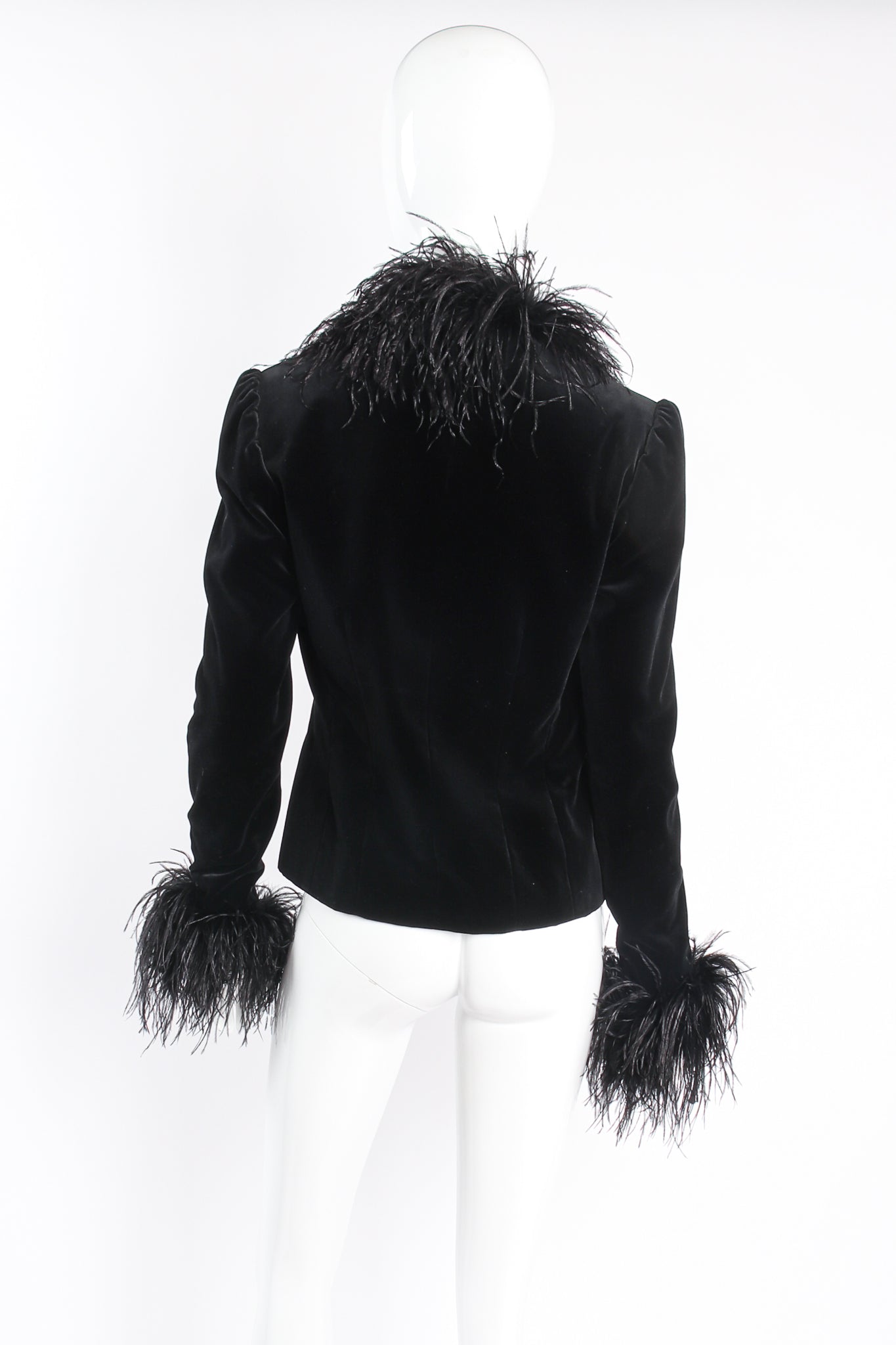 Vintage Anna Di Rossi Velvet Ostrich Feather Trim Jacket on mannequin back at Recess Los Angeles