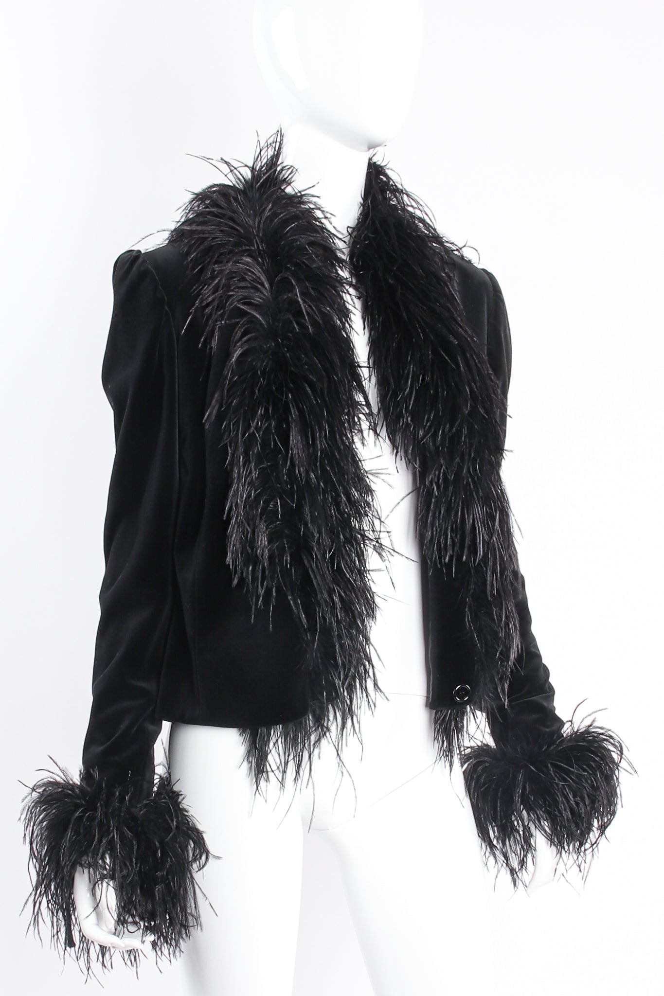 Vintage Anna Di Rossi Velvet Ostrich Feather Trim Jacket on mannequin open at Recess Los Angeles