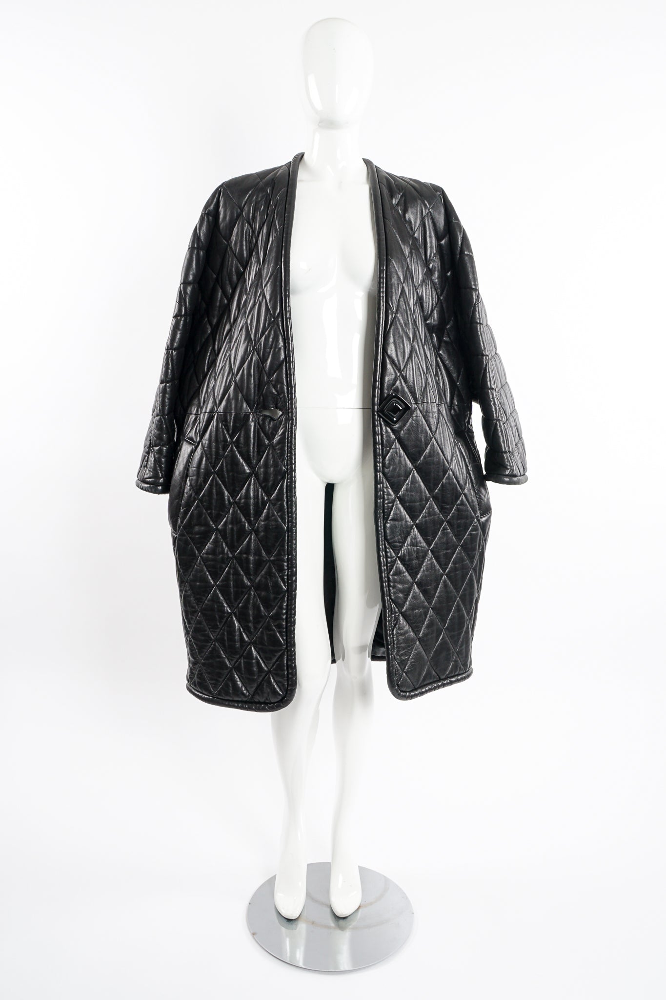 Vintage Anne Klein Quilted Leather Cocoon Coat on Mannequin front open at Recess Los Angeles