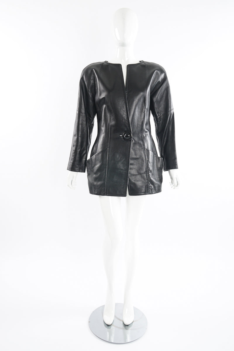 Vintage Anne Klein Leather Curved Shoulder Jacket on Mannequin front at Recess Los Angeles