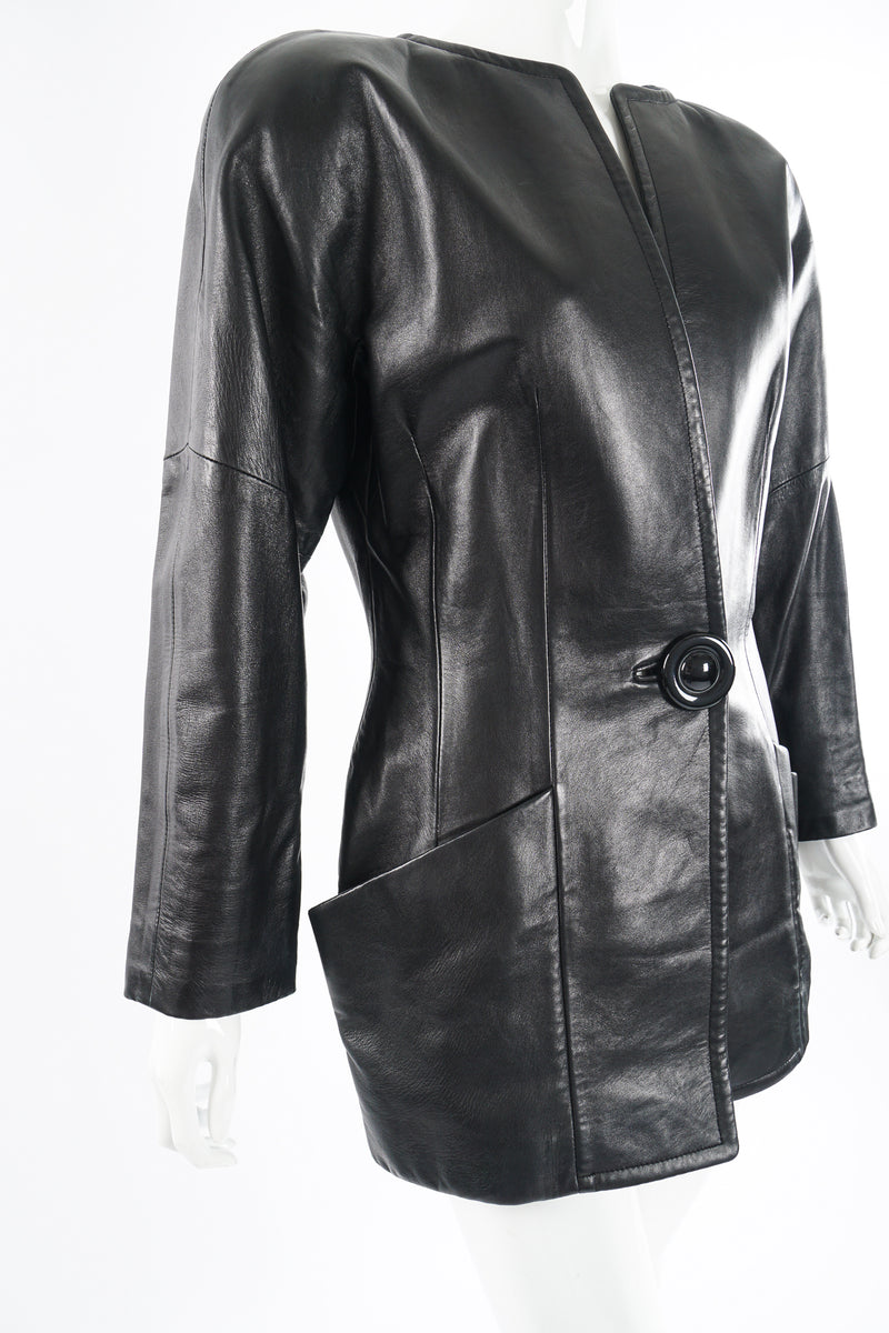 Vintage Anne Klein Leather Curved Shoulder Jacket on Mannequin angle at Recess Los Angeles
