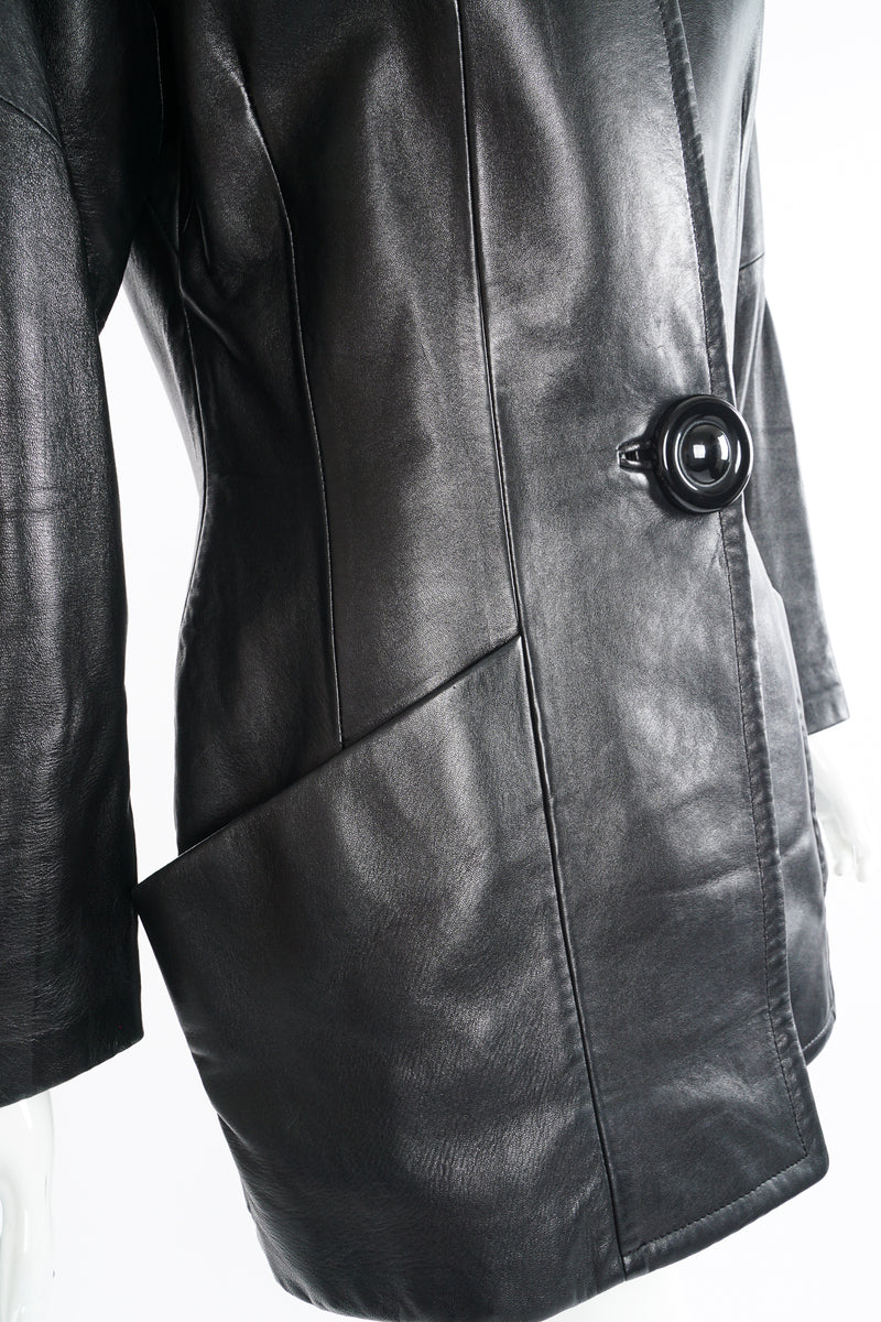 Vintage Anne Klein Leather Curved Shoulder Jacket on Mannequin pocket detail at Recess LA