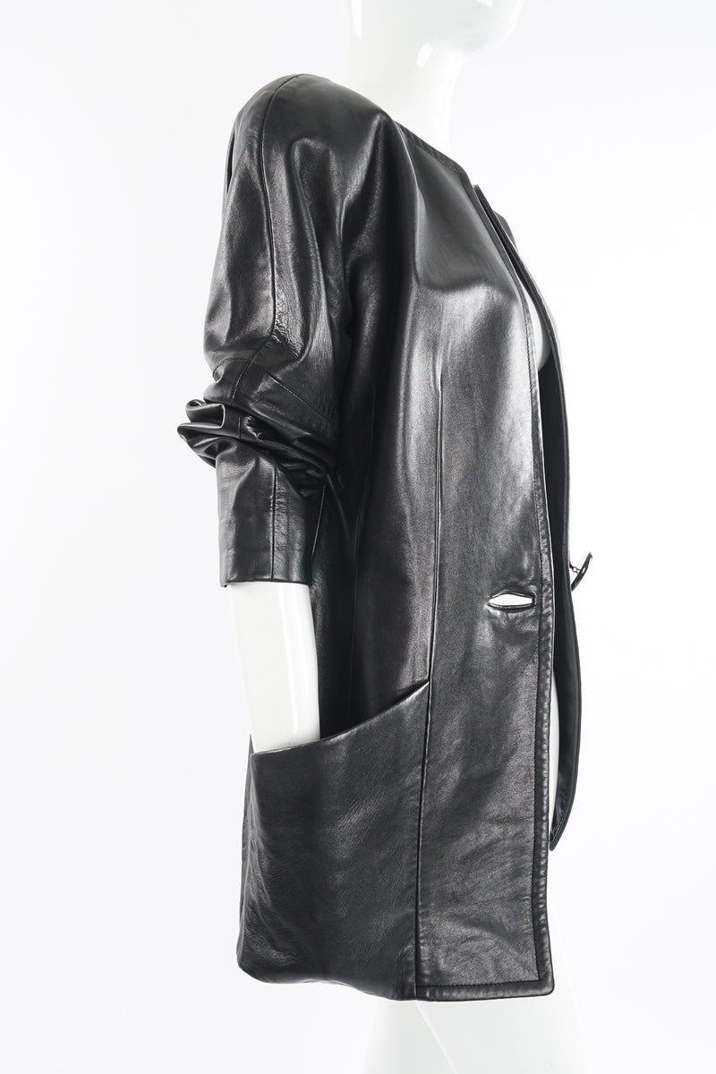 Vintage Anne Klein Leather Curved Shoulder Jacket on Mannequin side at Recess Los Angeles