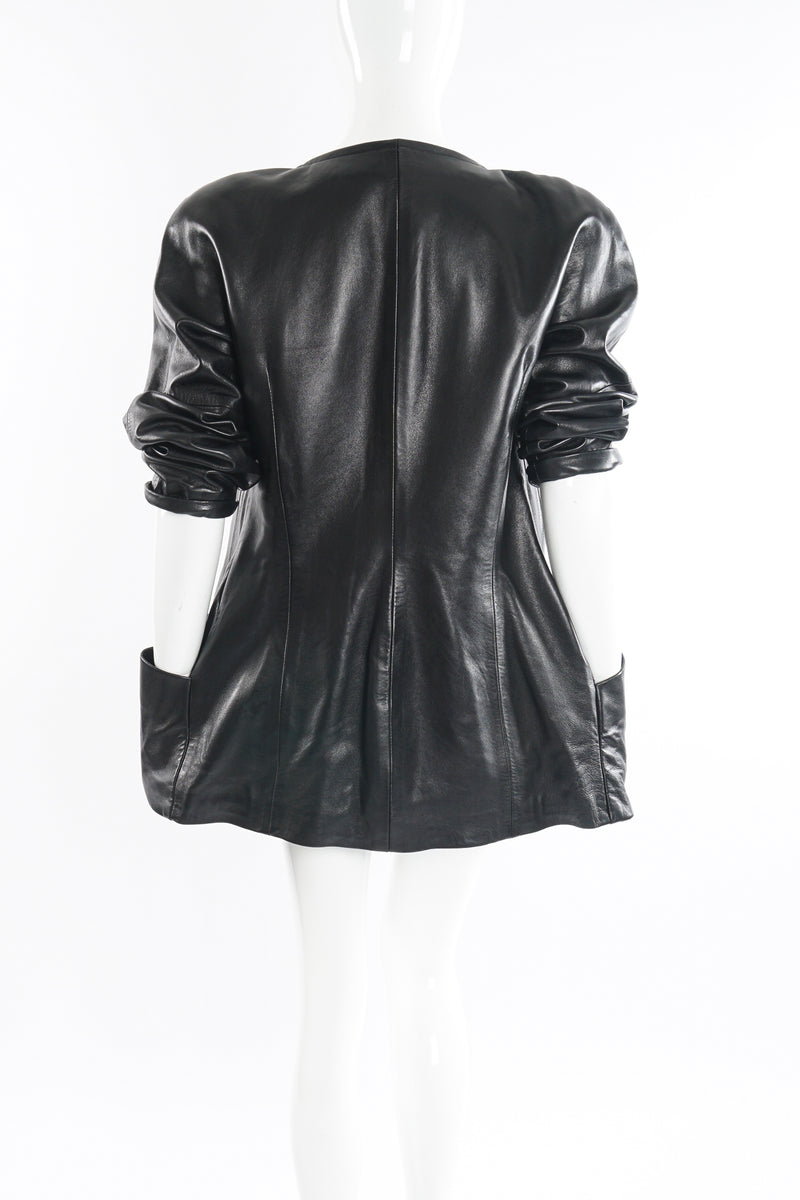 Vintage Anne Klein Leather Curved Shoulder Jacket on Mannequin back pockets at Recess Los Angeles