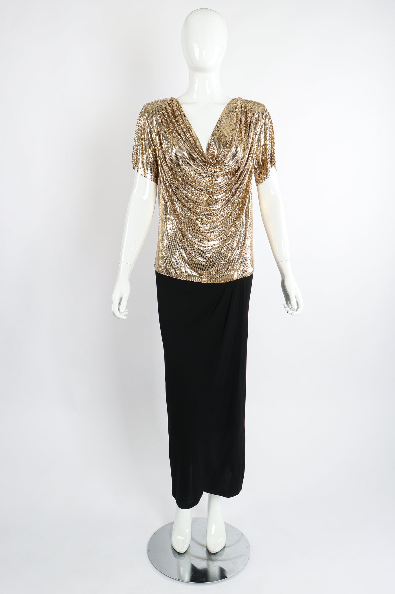 Vintage Anthony Ferrara Gold Mesh Draped Cowl Dress on Mannequin Front Untie at Recess LA