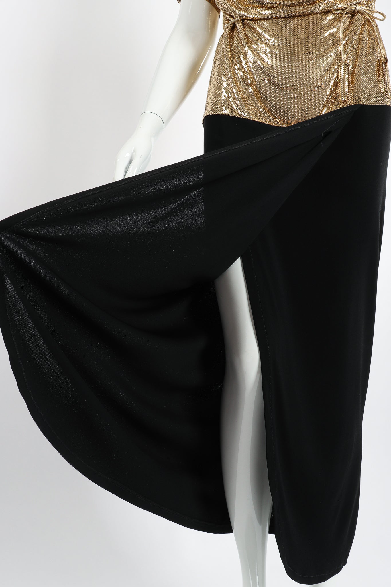 Vintage Anthony Ferrara Gold Mesh Draped Cowl Dress on Mannequin Skirt at Recess Los Angeles