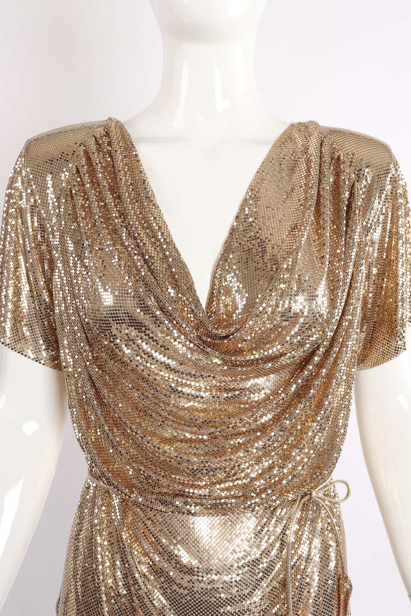 Vintage Anthony Ferrara Gold Mesh Draped Cowl Dress on Mannequin Neckline at Recess Los Angeles