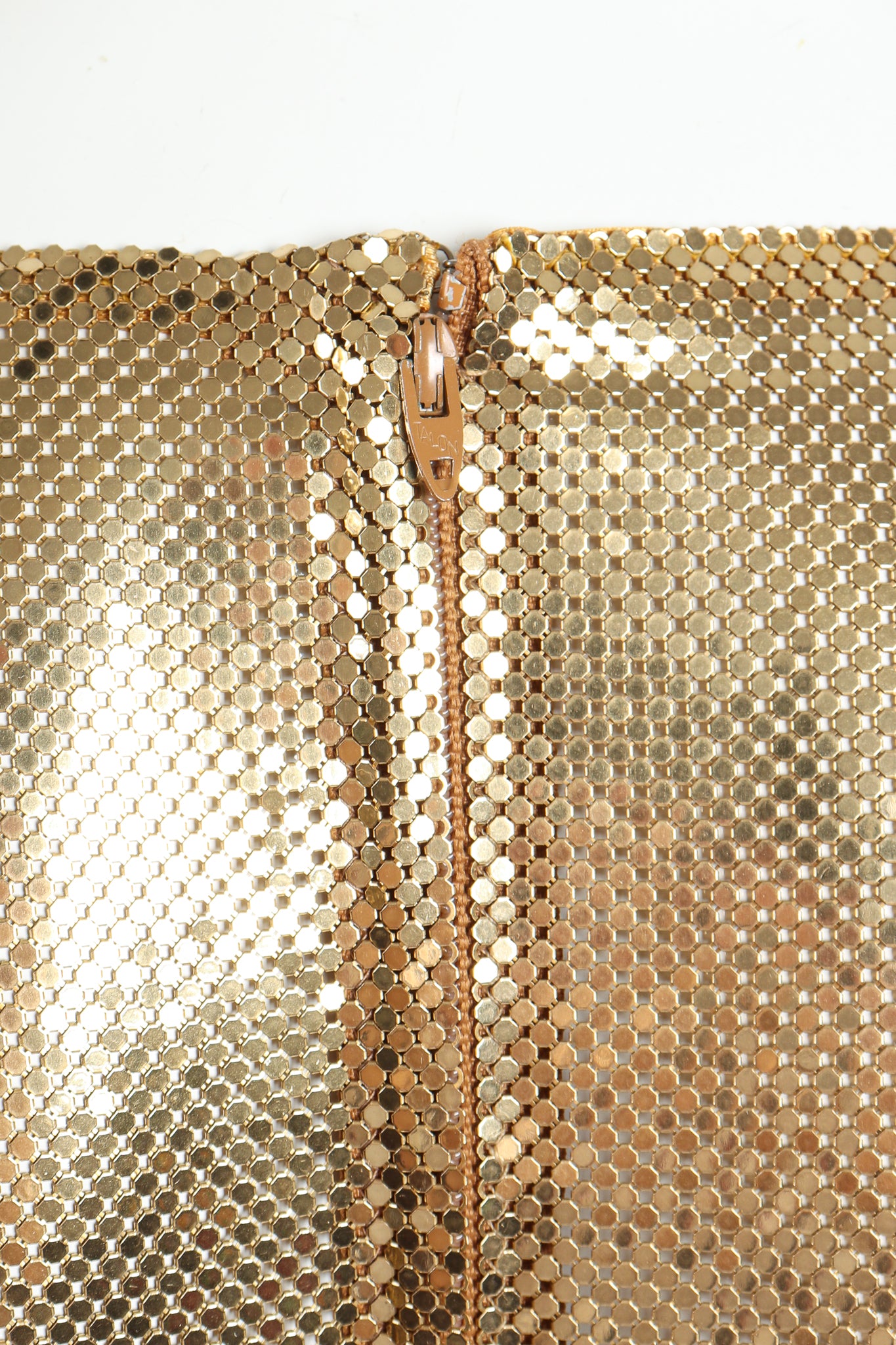 Vintage Anthony Ferrara Gold Mesh Draped Cowl Dress zipper detail at Recess Los Angeles