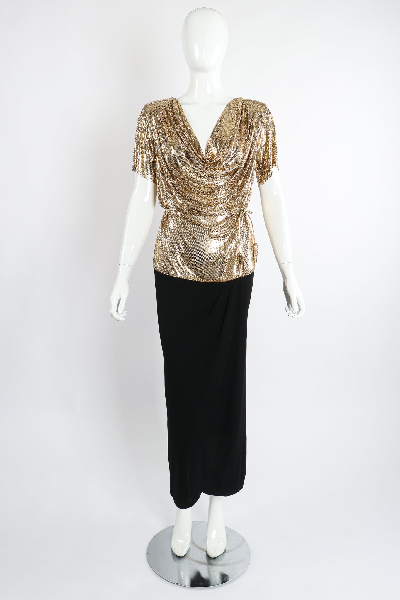 Vintage Anthony Ferrara Gold Mesh Draped Cowl Dress on Mannequin Front at Recess Los Angeles