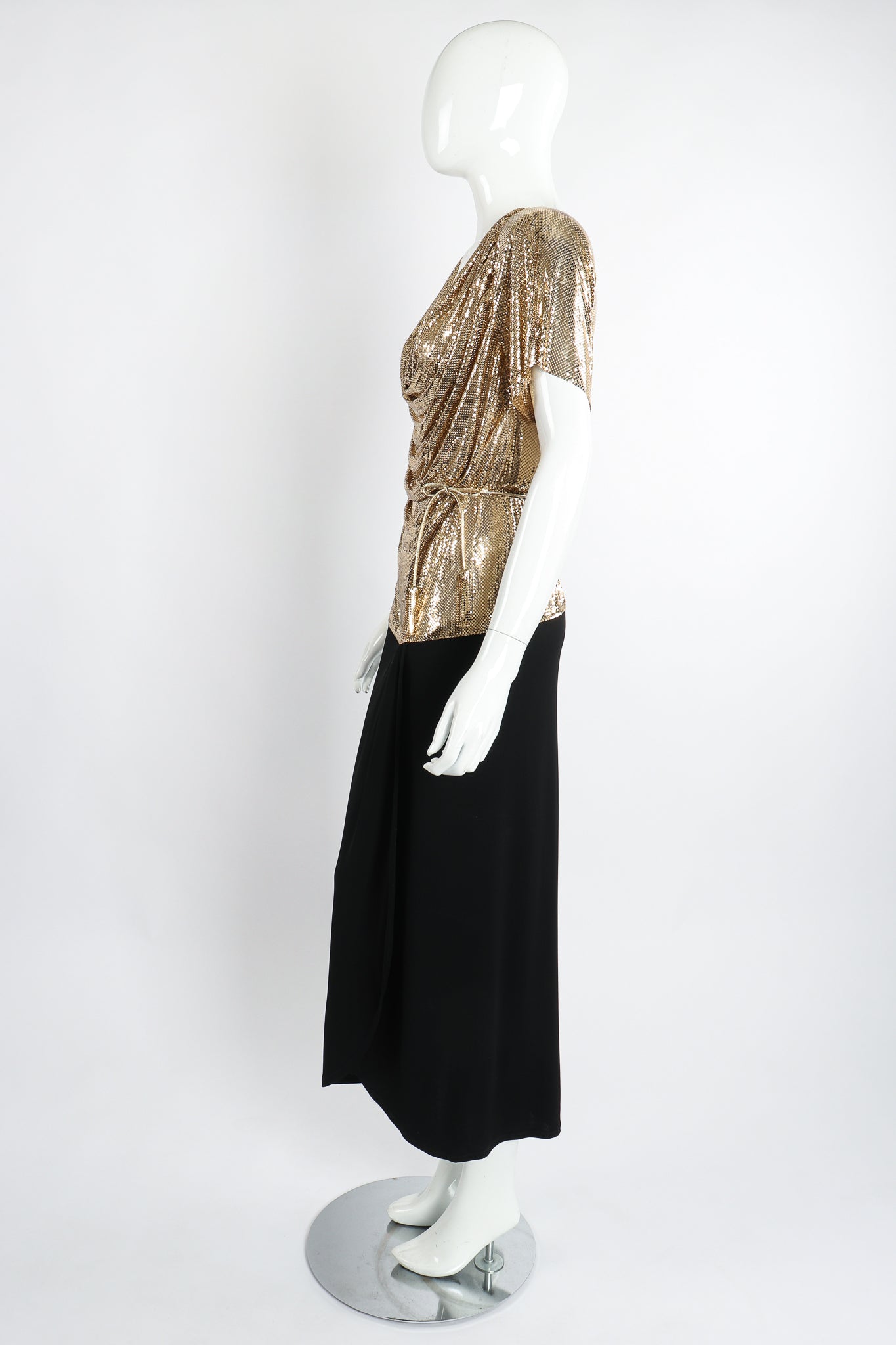 Vintage Anthony Ferrara Gold Mesh Draped Cowl Dress on Mannequin Side at Recess Los Angeles
