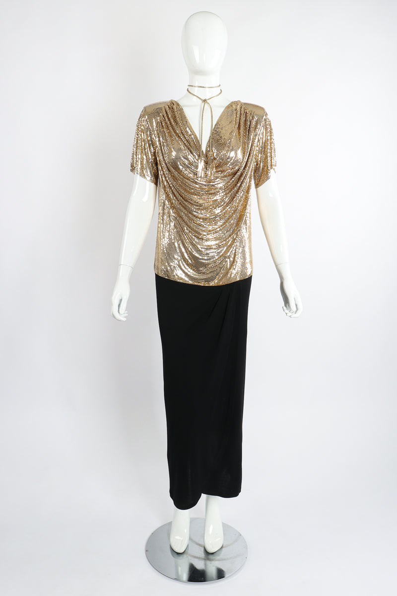 Vintage Anthony Ferrara Gold Mesh Draped Cowl Dress on Mannequin Front Choker at Recess Los Angeles