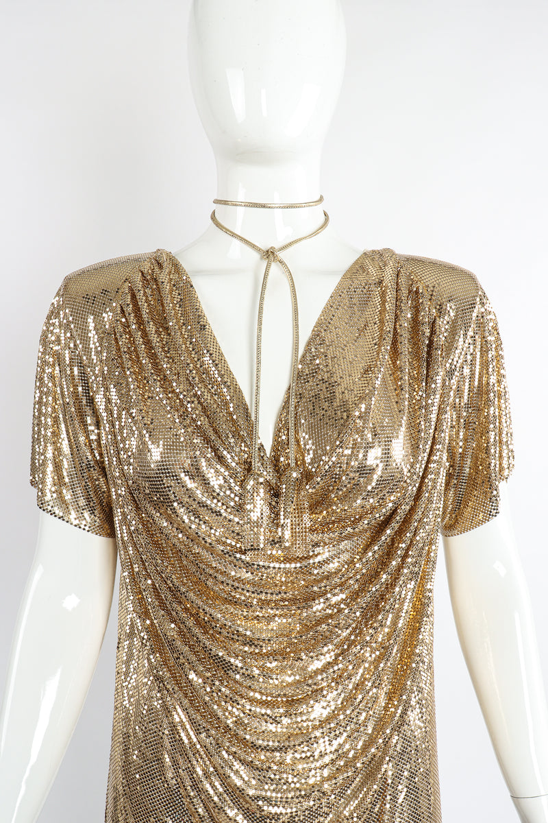 Vintage Anthony Ferrara Gold Mesh Draped Cowl Dress on Mannequin Neckline choker at Recess Los Angeles