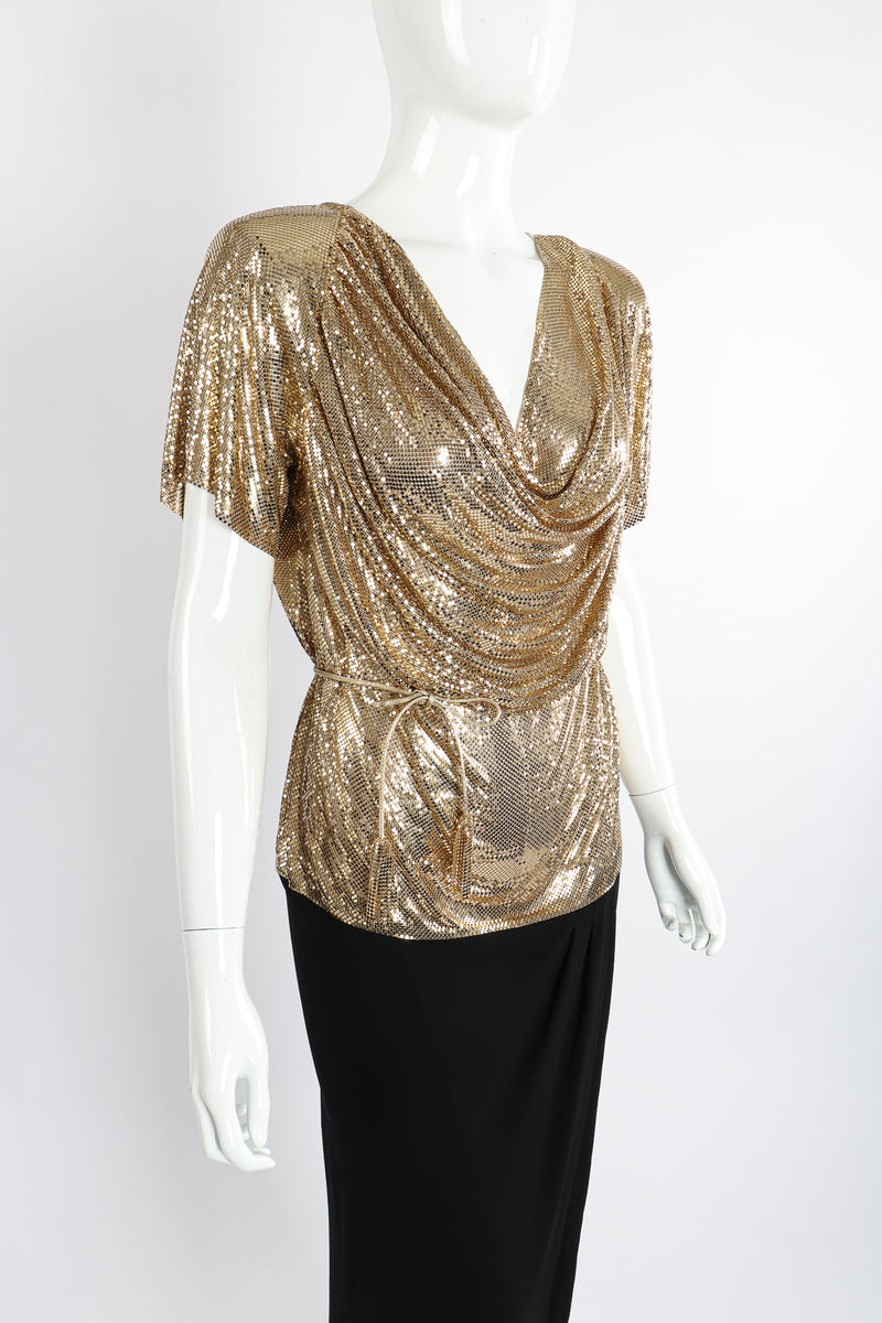 Vintage Anthony Ferrara Gold Mesh Draped Cowl Dress on Mannequin Angle Crop at Recess Los Angeles