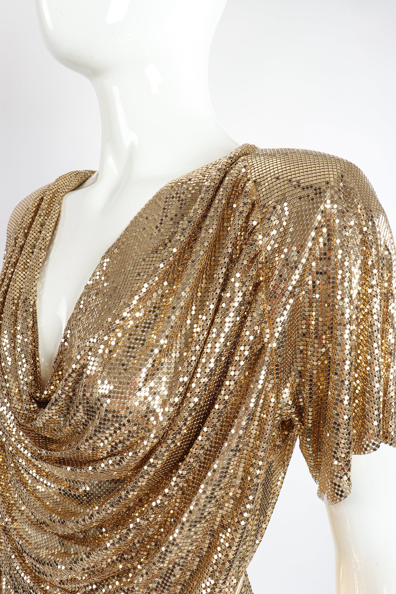 Vintage Anthony Ferrara Gold Mesh Draped Cowl Dress on Mannequin neck shoulder at Recess Los Angeles