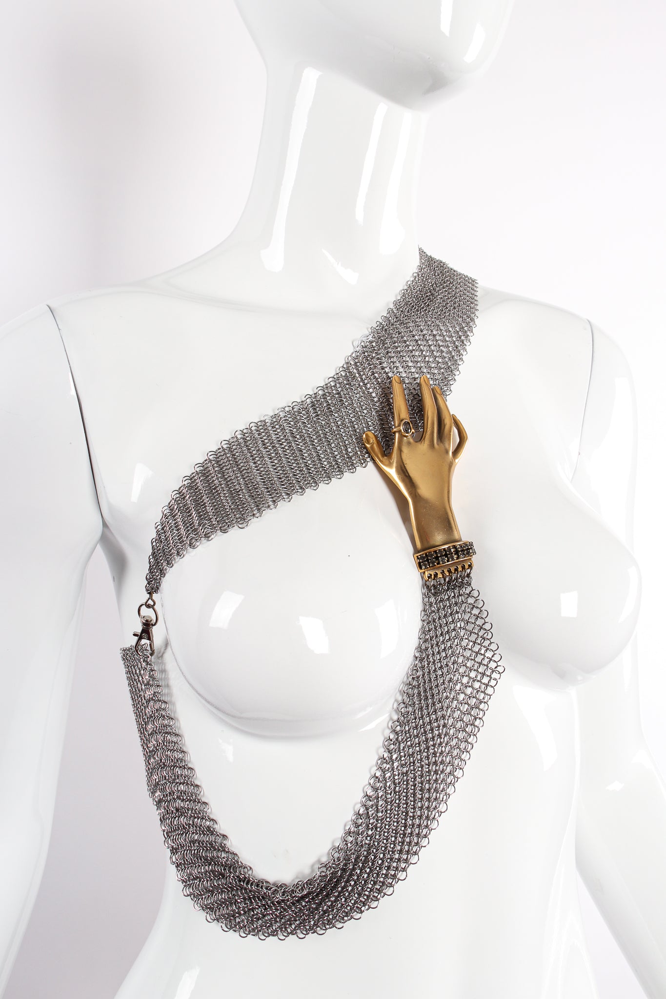 Vintage Anthony Ferrara Gold Hand Buckle Mesh Wrap Belt on mannequin front at Recess Los Angeles
