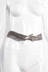 Vintage Anthony Ferrara Pewter Hand Buckle Mesh Wrap Belt on mannequin front at Recess Los Angeles