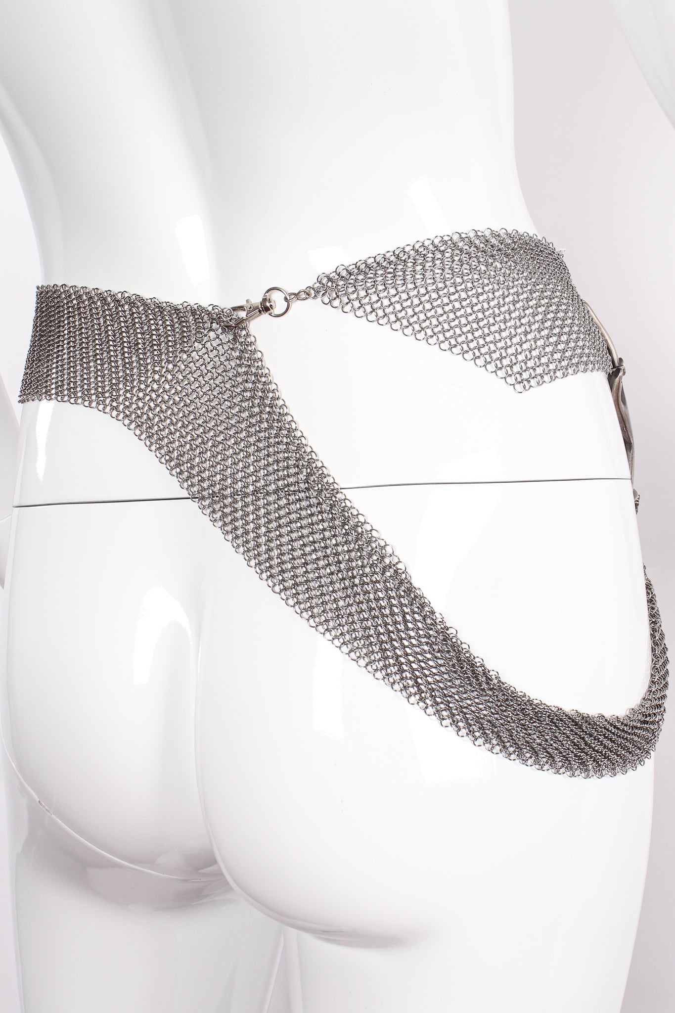 Vintage Anthony Ferrara Pewter Hand Buckle Mesh Wrap Belt on mannequin back at Recess Los Angeles