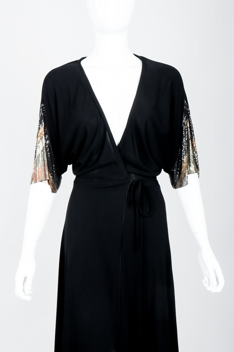 Vintage Anthony Ferrara Chevron Mesh Sleeve Wrap Dress on mannequin front crop at Recess