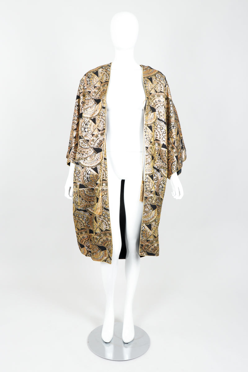 Vintage Anthony Muto Golden Brocade Fan Coccon Coat on Mannequin Open at Recess