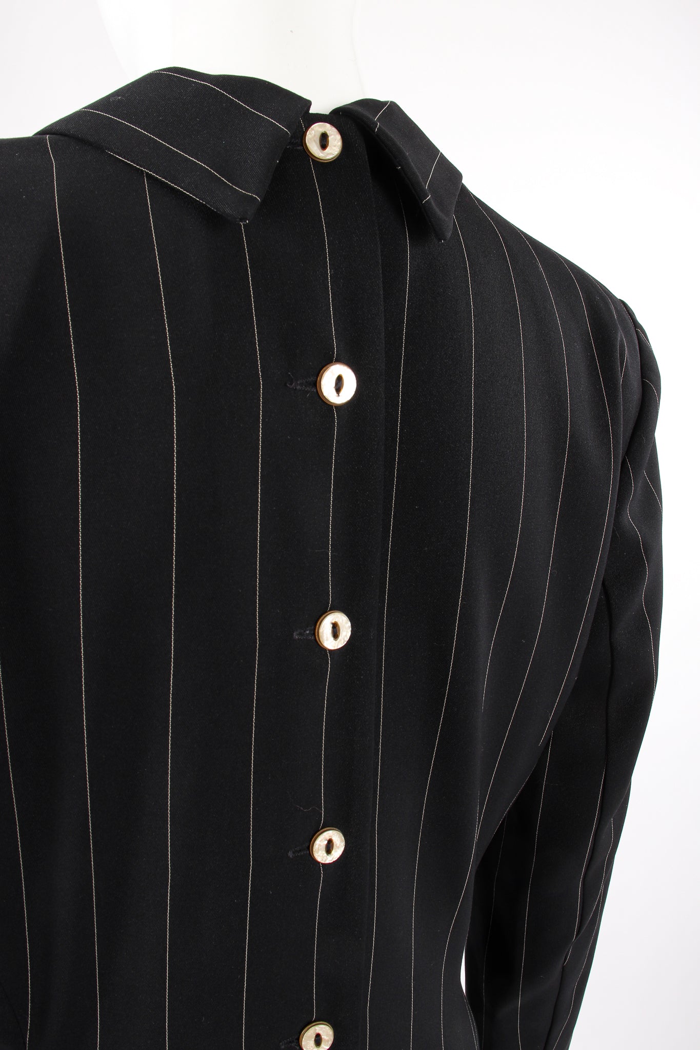 Vintage Antony Moorcroft Pinstripe Morning Coat on Mannequin back buttons at Recess Los Angeles