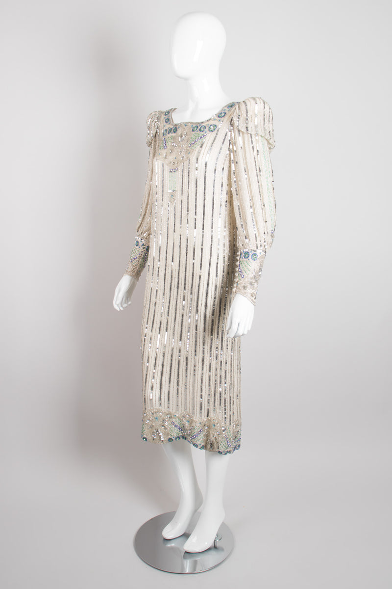 Apropos Sequined Stripe Puff Sleeve Art Deco Shift Dress