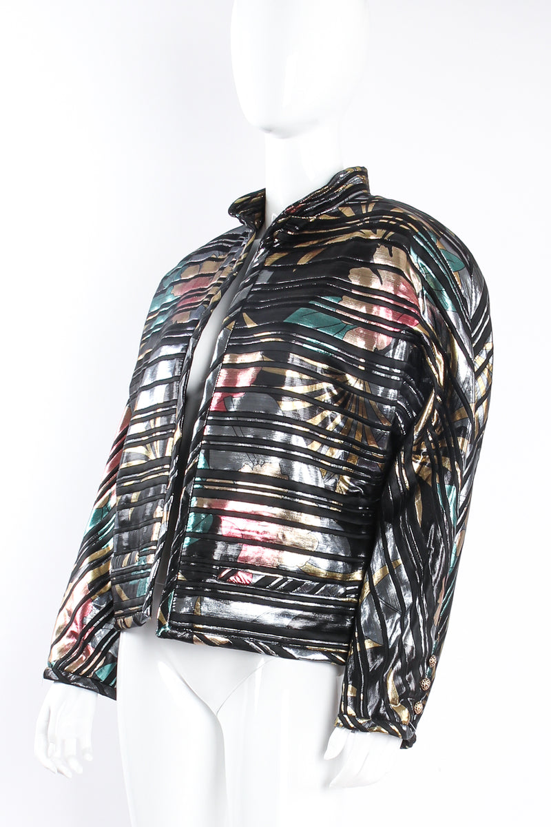 Vintage Elizabeth Arden Quilted Metallic Lamé Stripe Jacket on mannequin angle at Recess Los Angeles