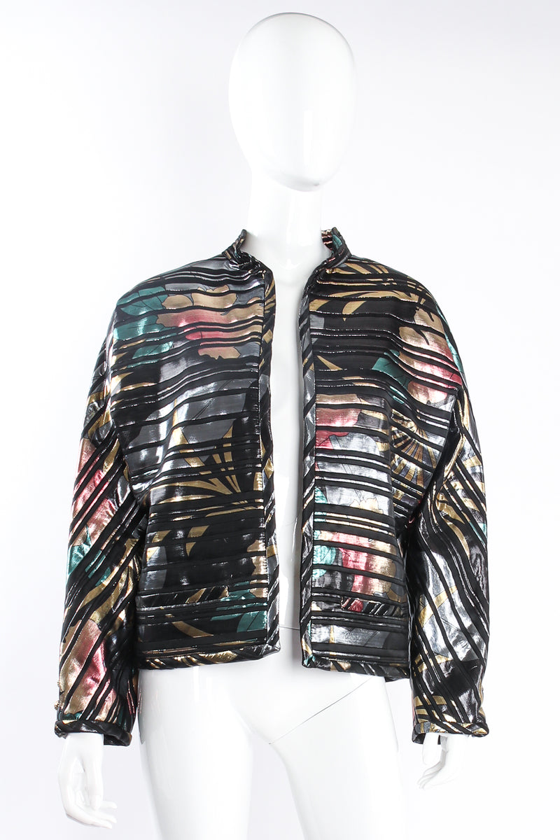 Vintage Elizabeth Arden Quilted Metallic Lamé Stripe Jacket on mannequin front at Recess Los Angeles