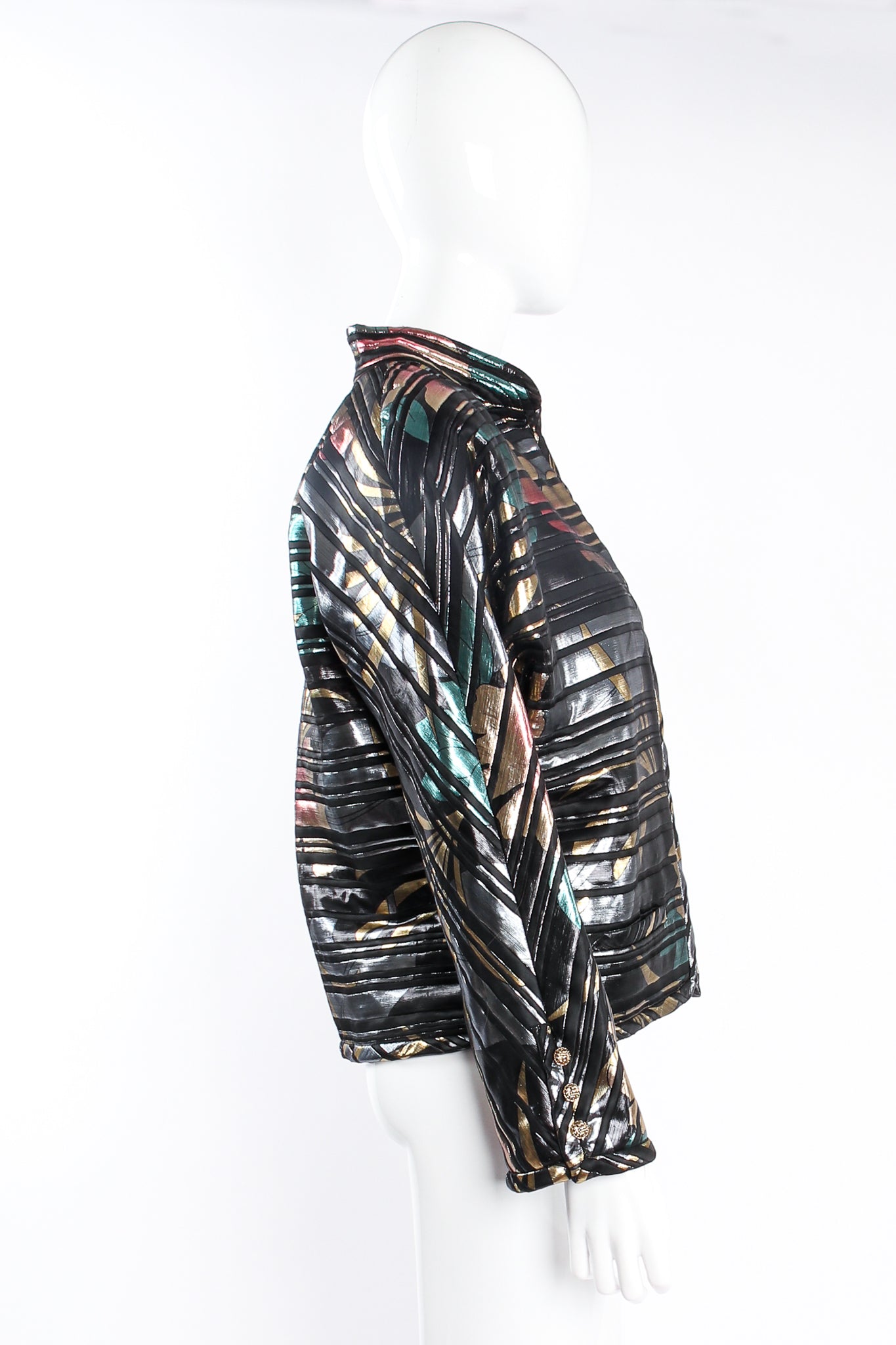Vintage Elizabeth Arden Quilted Metallic Lamé Stripe Jacket on mannequin side at Recess Los Angeles