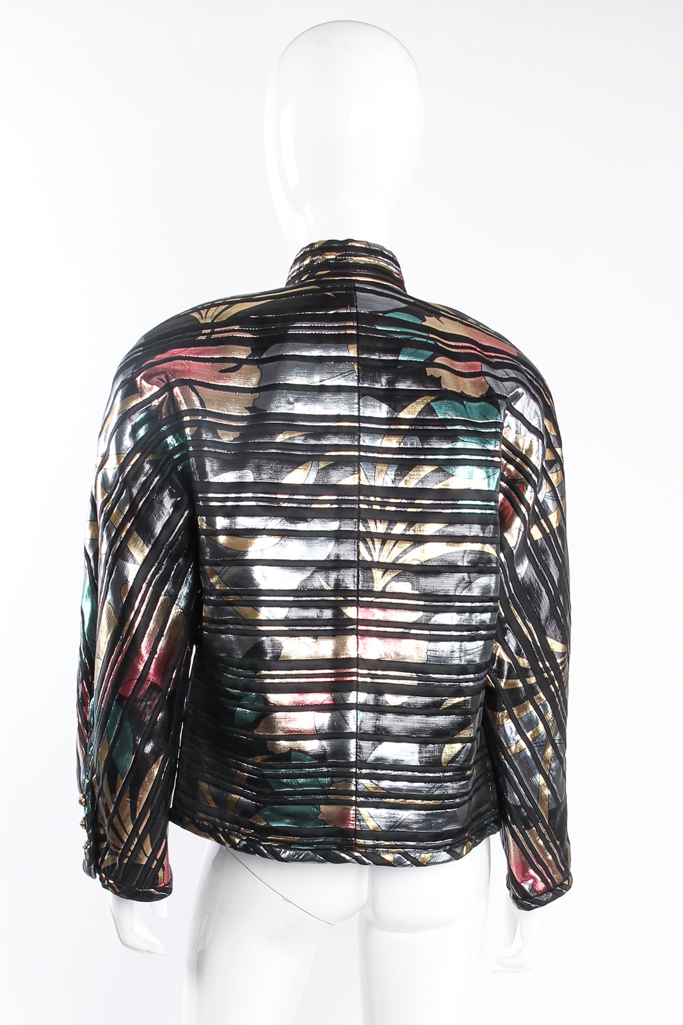 Vintage Elizabeth Arden Quilted Metallic Lamé Stripe Jacket on mannequin back at Recess Los Angeles