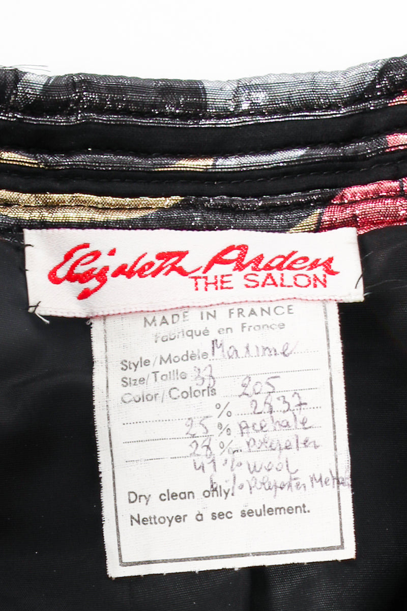 Vintage Elizabeth Arden Quilted Metallic Lamé Stripe Jacket fabric label
