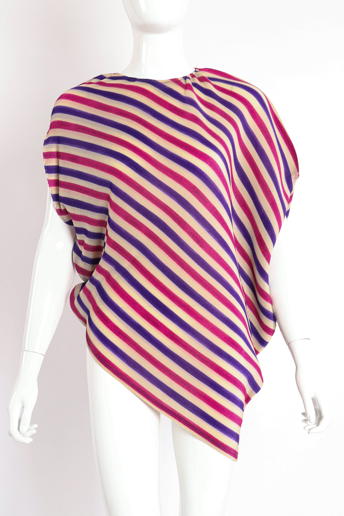 Vintage Pleats Please Issey Miyake Asymmetrical Pleated Stripe Top on Mannequin Front at Recess LA