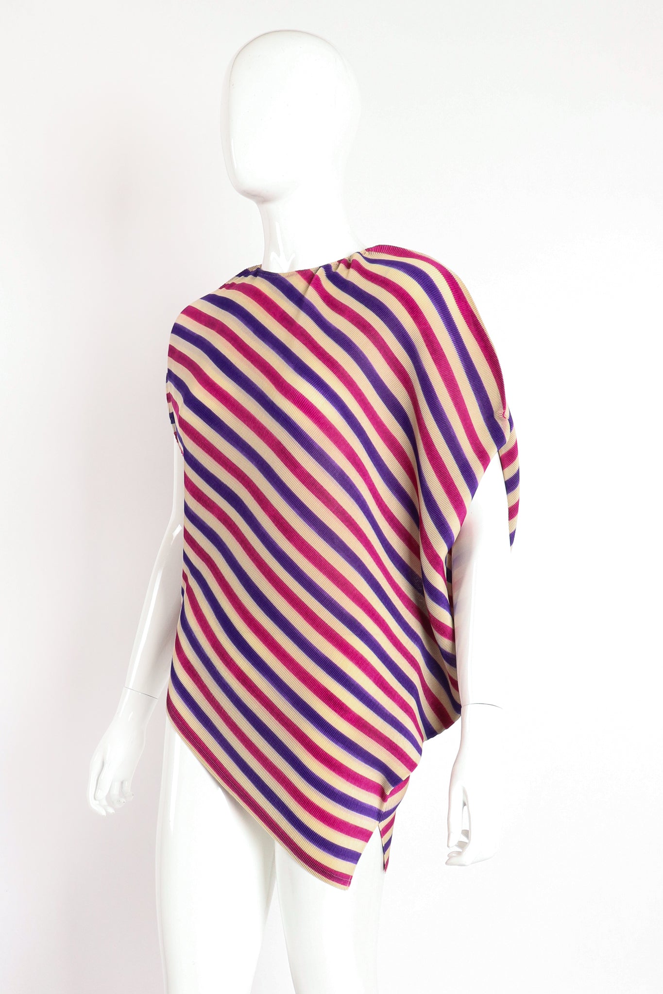 Vintage Pleats Please Issey Miyake Asymmetrical Pleated Stripe Top on Mannequin Side at Recess LA