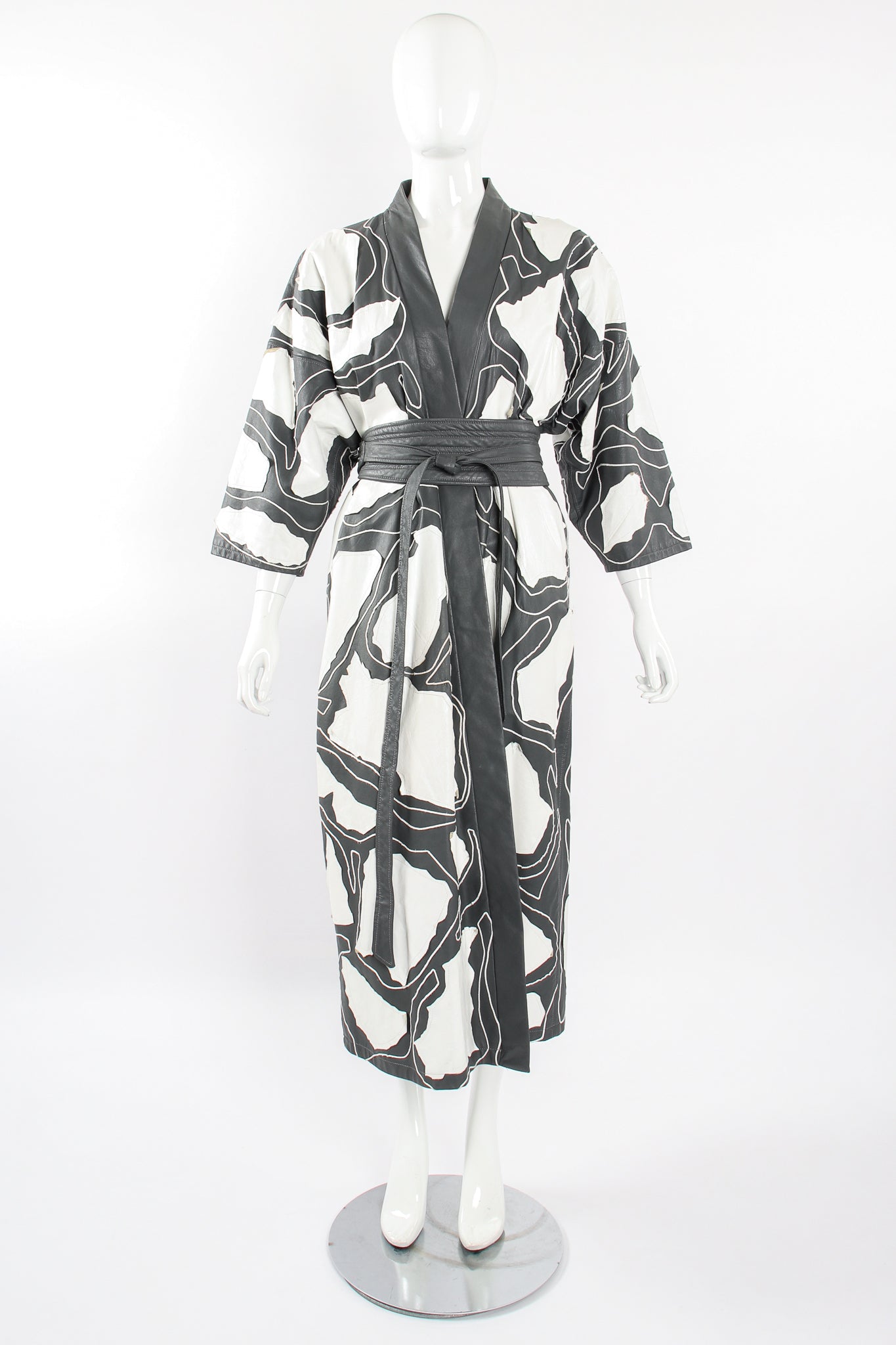 Vintage Auntie Macassar Leather Appliqué Kimono Duster Coat on Mannequin front tied at Recess LA