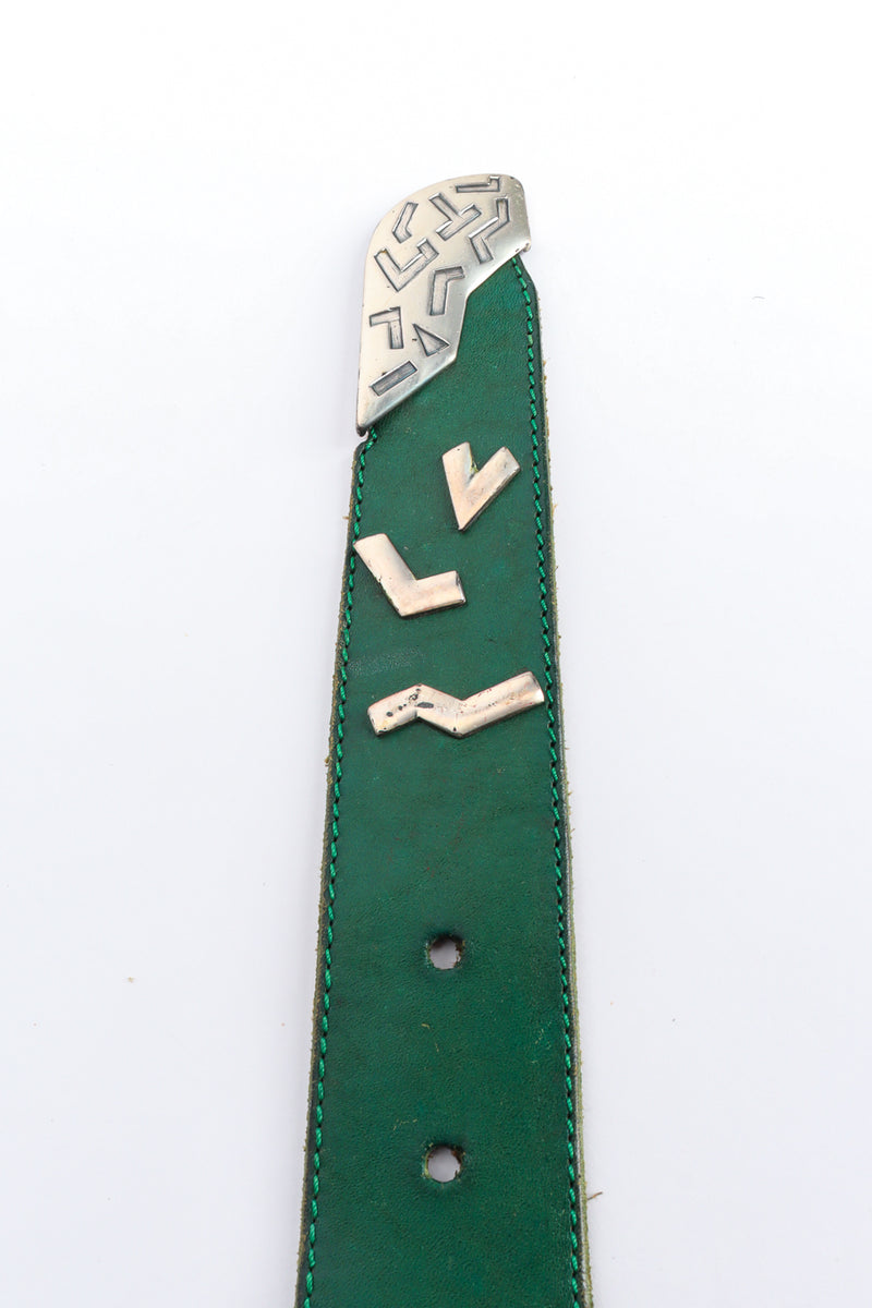 kelly green leather belt by Avion International close up of end tip @recessla