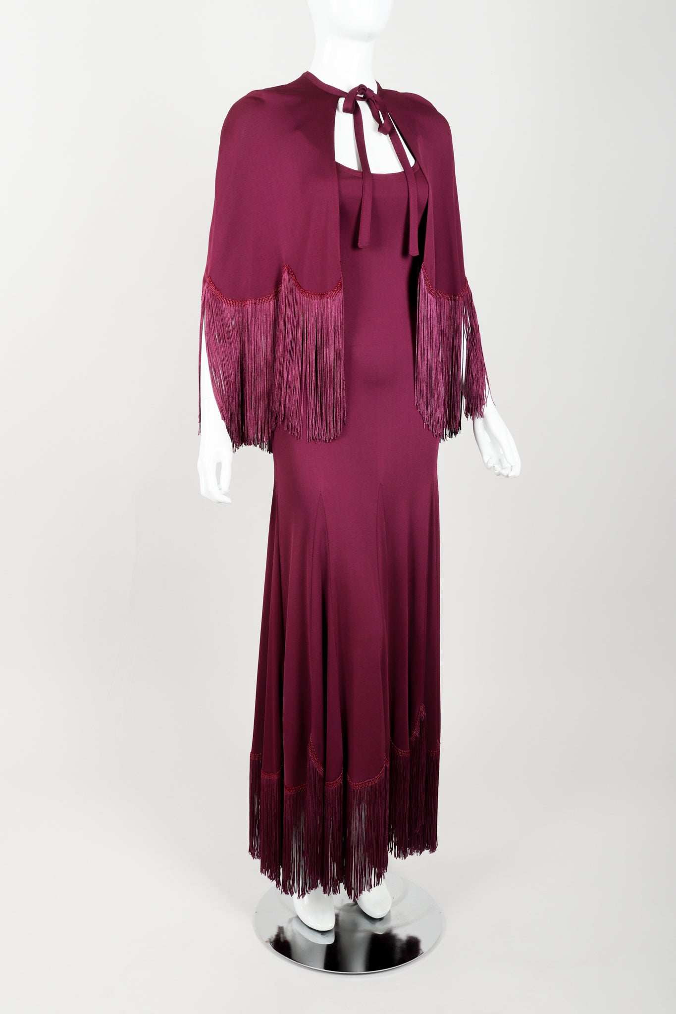 Vintage Ayako Fringed Caplet & Slip Dress Set on Mannequin angled at Recess Los Angeles