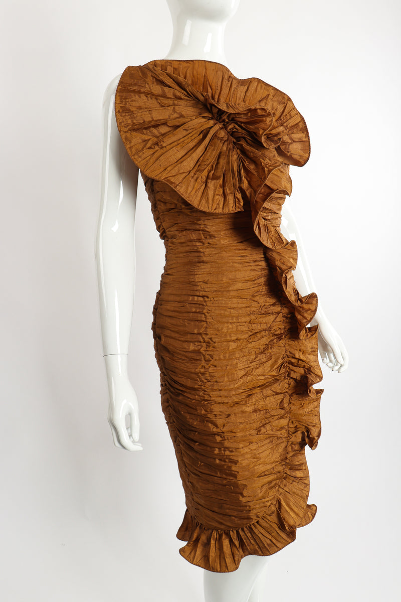 Vintage BB Collections Philodendron Ruched Ruffle Dress on Mannequin Angle at Recess Los Angeles