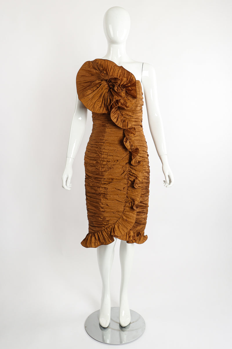 Vintage BB Collections Philodendron Ruched Ruffle Dress on Mannequin Front at Recess LA