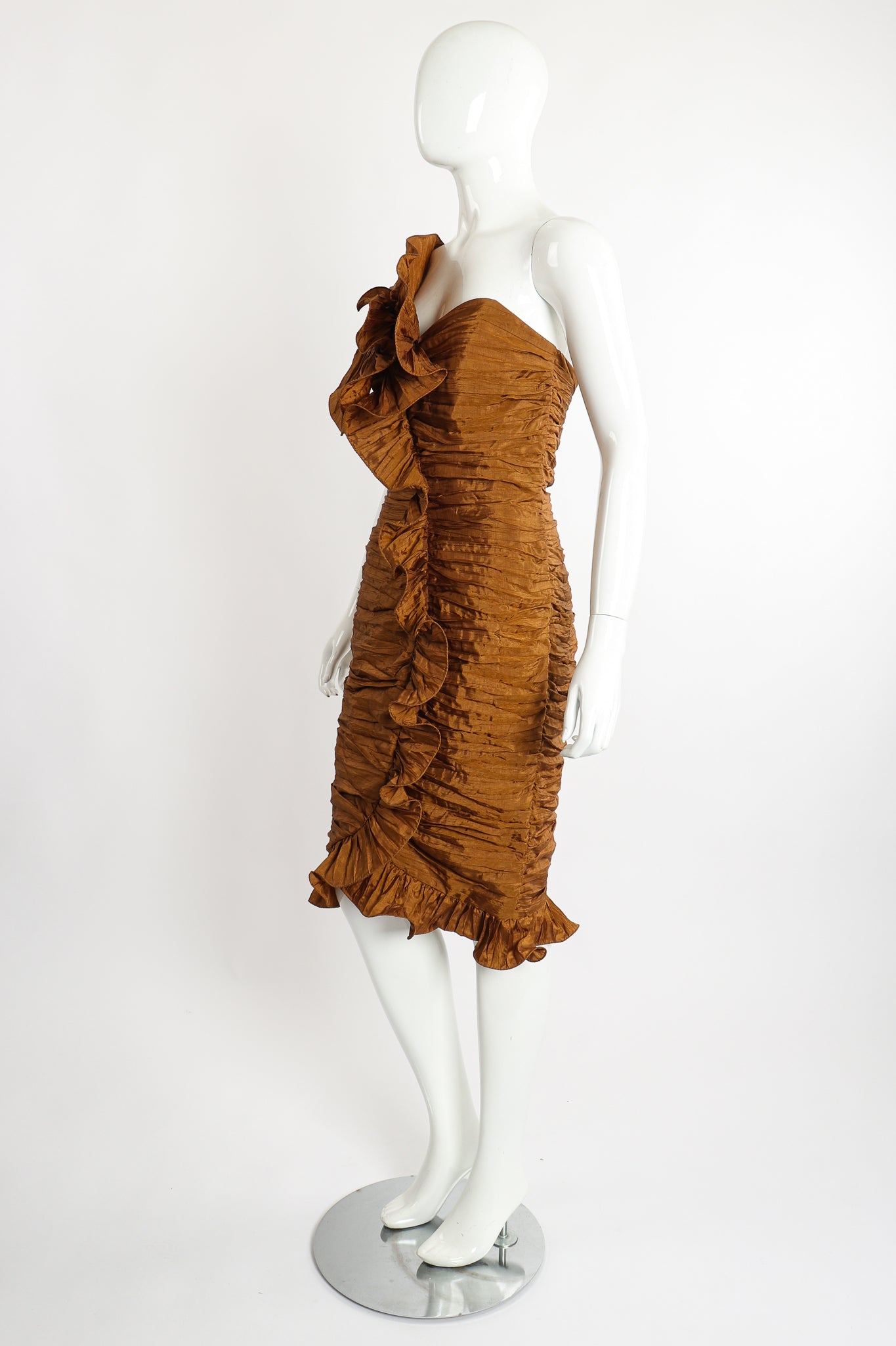Vintage BB Collections Philodendron Ruched Ruffle Dress on Mannequin Angle at Recess LA