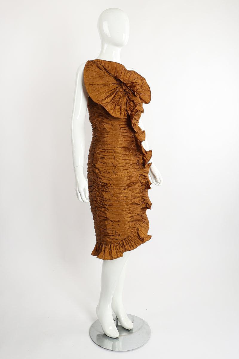 Vintage BB Collections Philodendron Ruched Ruffle Dress on Mannequin Angle at Recess LA