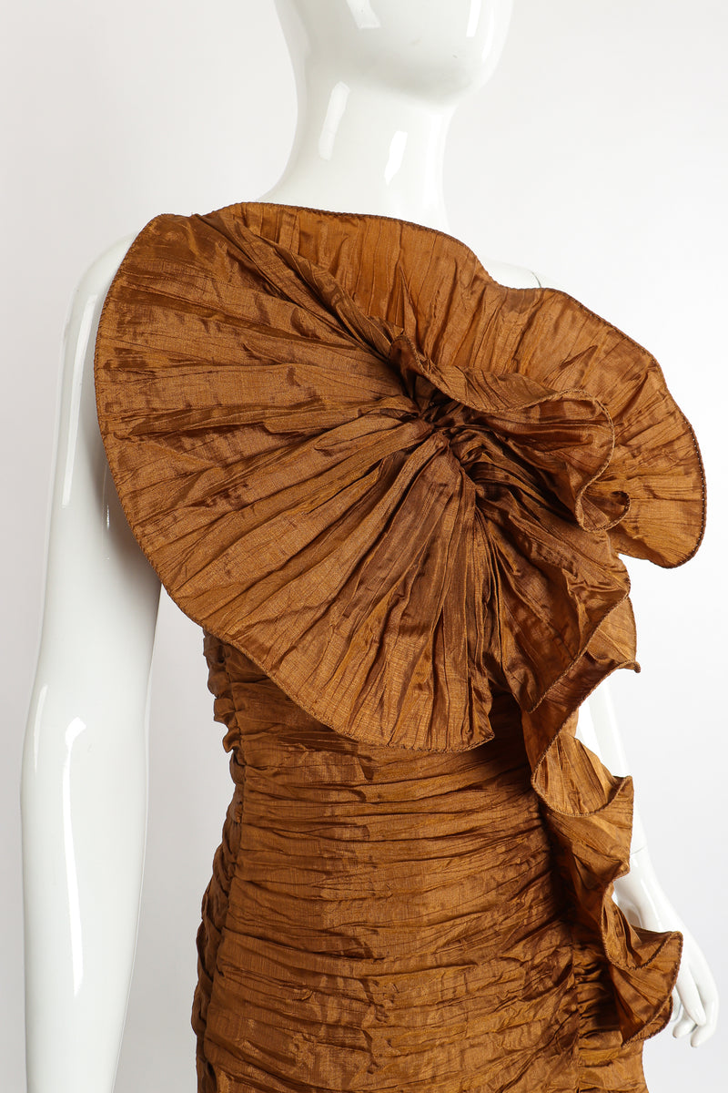 Vintage BB Collections Philodendron Ruched Ruffle Dress on Mannequin Neckline at Recess Los Angeles