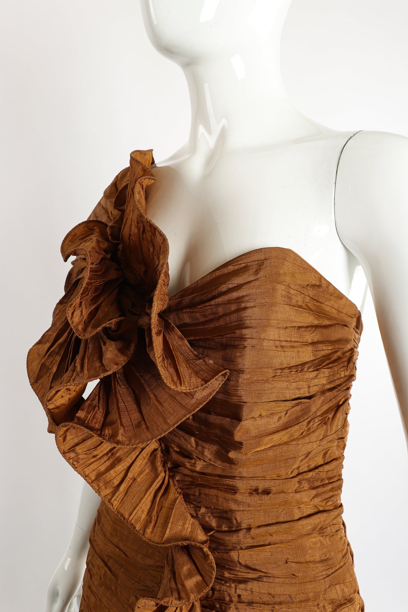 Vintage BB Collections Philodendron Ruched Ruffle Dress on Mannequin Bust Crop at Recess LA